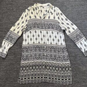 Chico's Tunic Top Black Cream Tribal Print Button-up Bohemian Boho Chic Size L